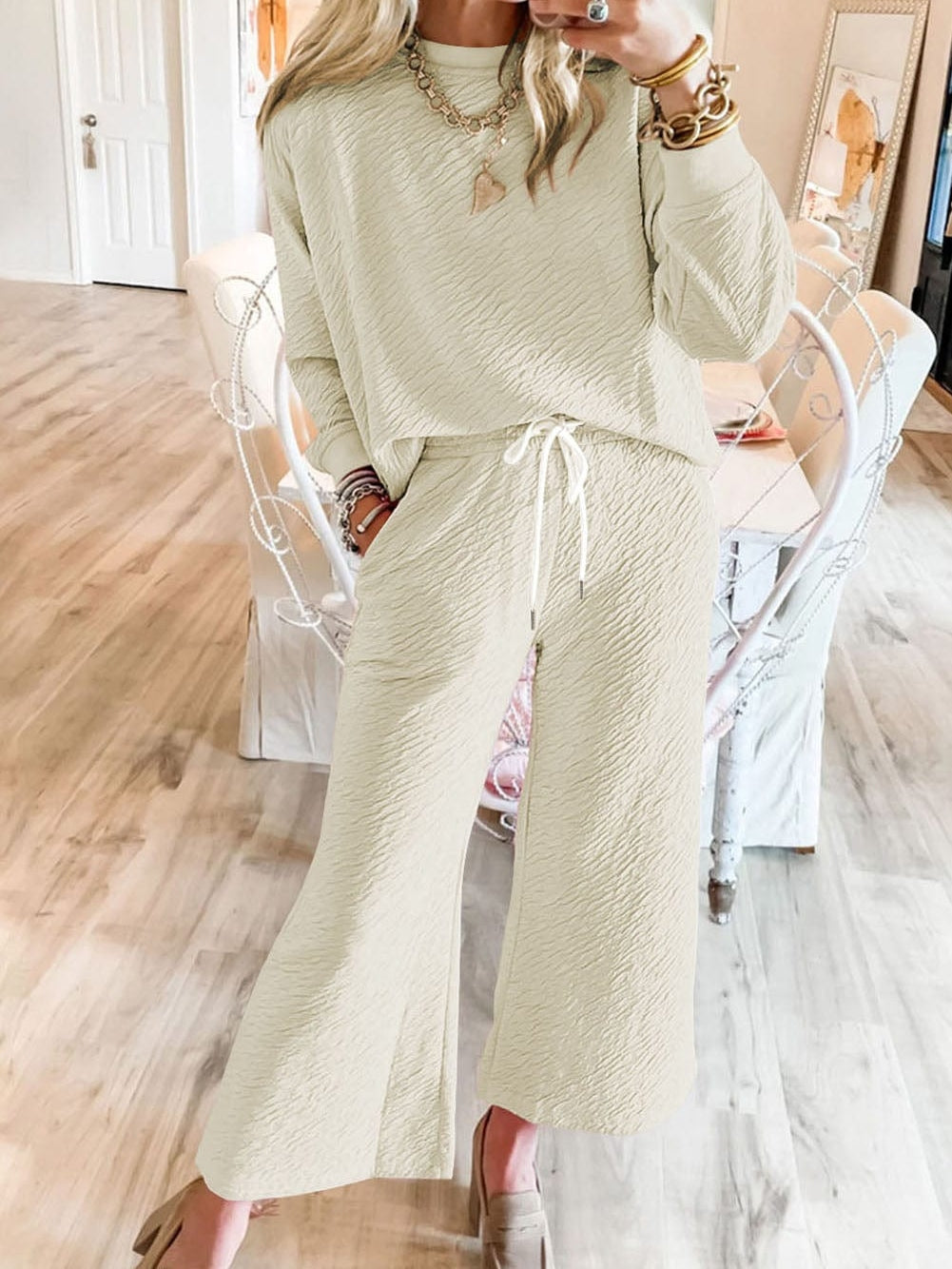 Cozy White Textured Lounge Set with Drawstring Pants