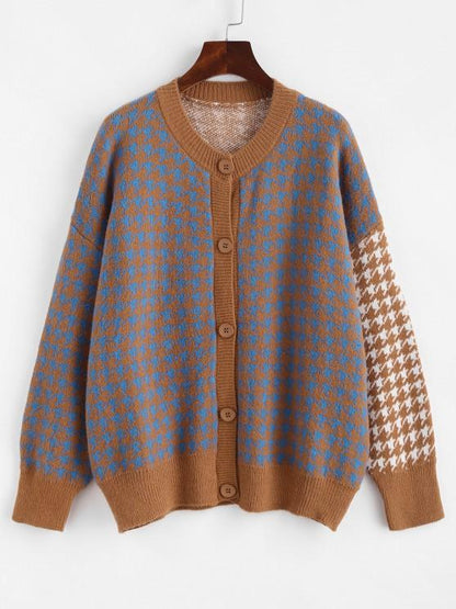 Crew Neck Button Up Houndstooth Cardigan for Women