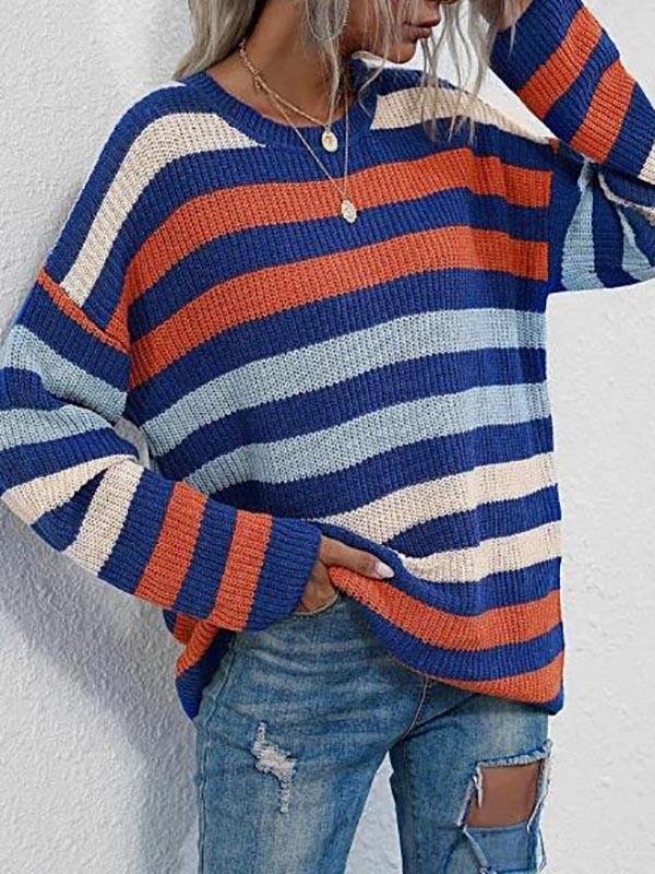 Crew Neck Drop Shoulder Mixed Stripes Sweater - LuckyFash™