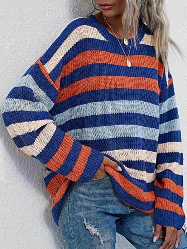 Crew Neck Drop Shoulder Mixed Stripes Sweater for Women