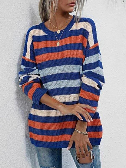 Crew Neck Drop Shoulder Mixed Stripes Sweater - LuckyFash™