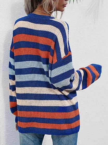 Crew Neck Drop Shoulder Mixed Stripes Sweater - LuckyFash™