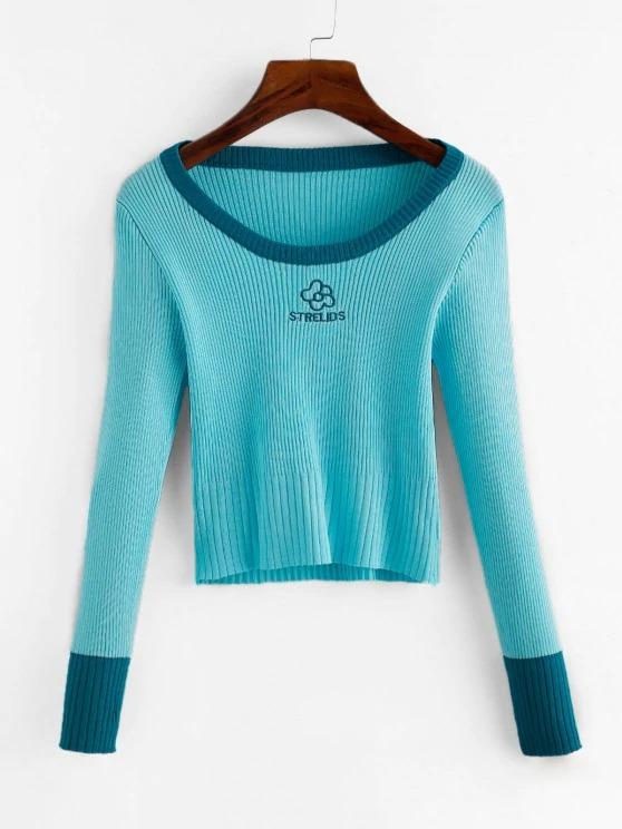 Crew Neck Embroidered Ribbed Knitwear for Women