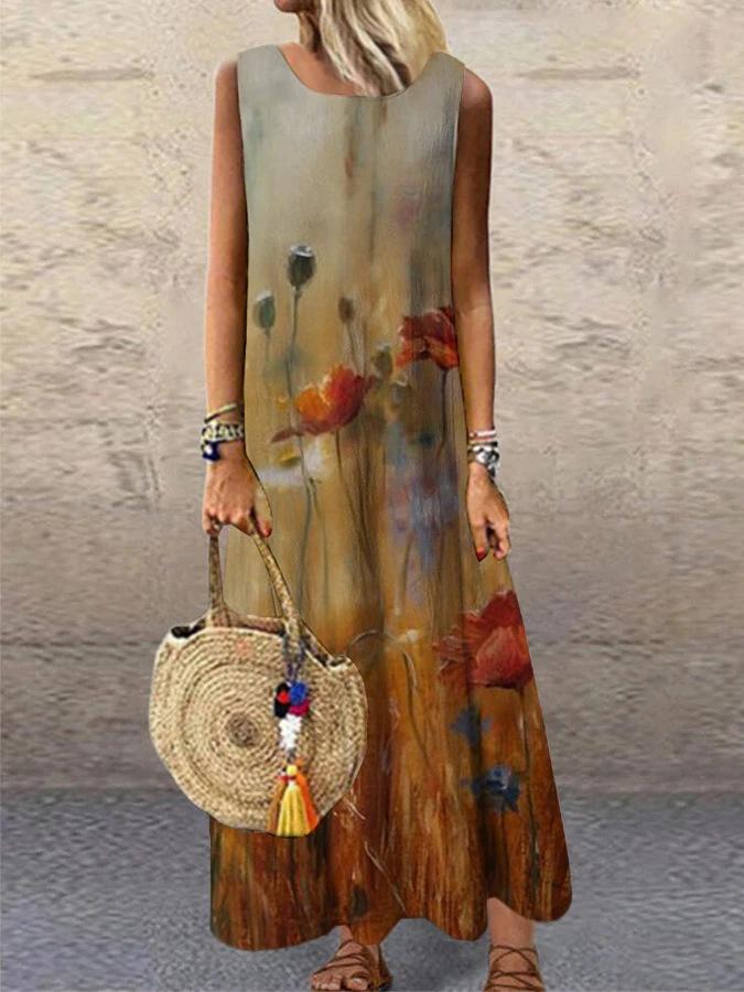 Crew Neck Floral Print Casual Long Dress for Women