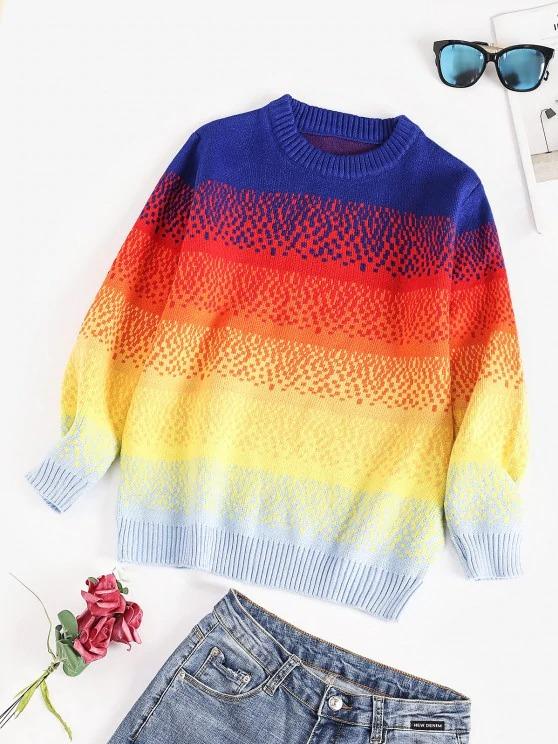 Crew Neck Rainbow Colorblock Sweater for Women