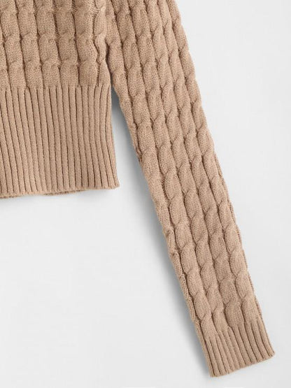 Crew Neck Ribbed Trim Cable Knit Sweater - LuckyFash™