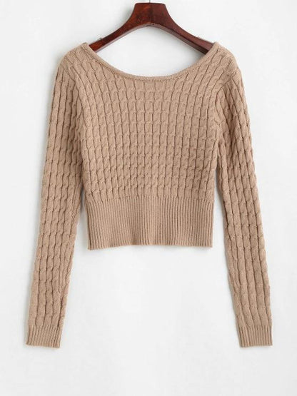 Crew Neck Ribbed Trim Cable Knit Sweater - LuckyFash™