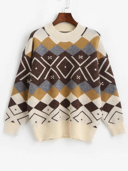 Crewneck Argyle Pattern Sweater for Women