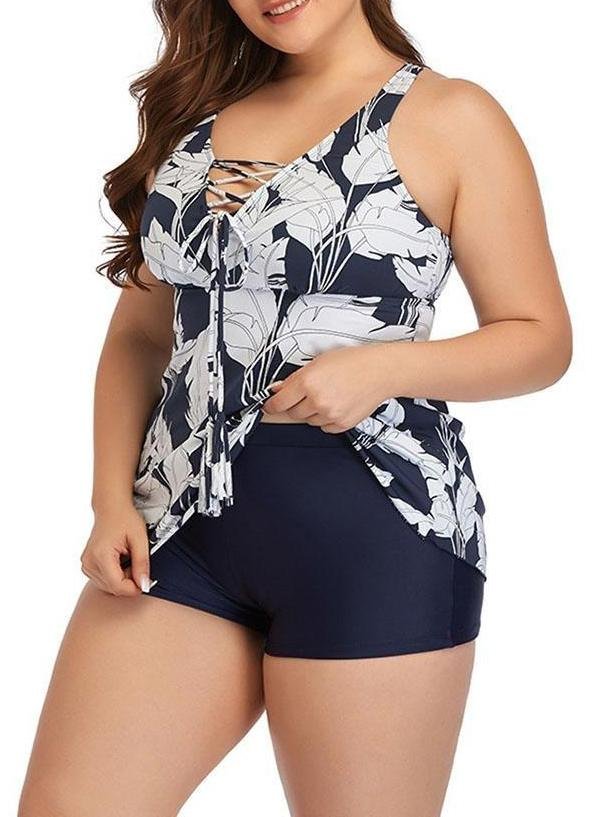 Cross Tie Print Plus Size Strap Skirt Swimsuit - LuckyFash™