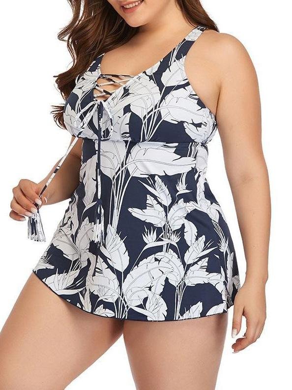 Cross Tie Print Plus Size Strap Skirt Swimsuit - LuckyFash™