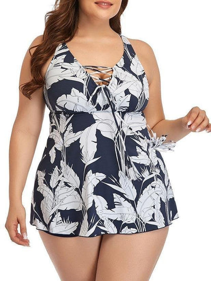 Cross Tie Print Plus Size Strap Skirt Swimsuit - LuckyFash™