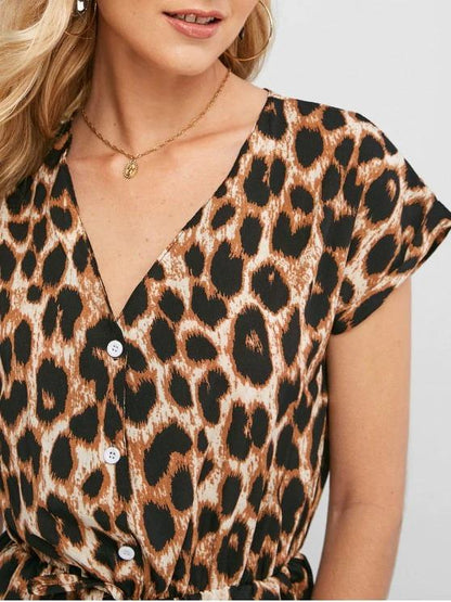 Cuffed Button Placket Leopard Jumpsuit - LuckyFash™