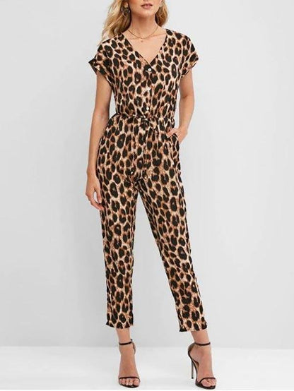 Cuffed Button Placket Leopard Jumpsuit for Women