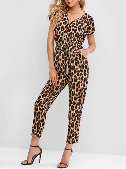 Cuffed Button Placket Leopard Jumpsuit - LuckyFash™