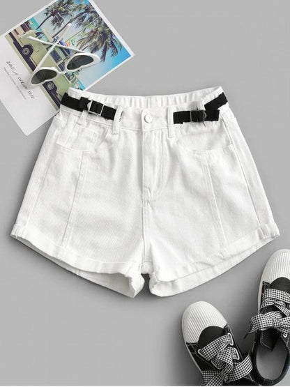 Cuffed Hem Buckled Waist Denim Shorts for Women