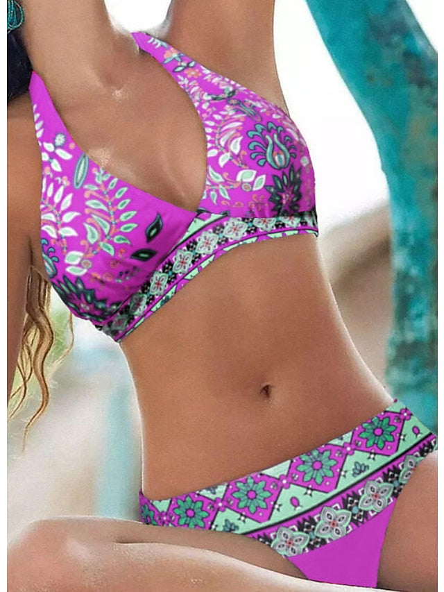Women's Swimwear Bikini Bathing Suits 2 Piece Normal Swimsuit Halter 2 Piece Sexy Print Floral Print Light Green Pink Purple Padded V Wire Bathing Suits Sports Vacation Beach Wear - LuckyFash™