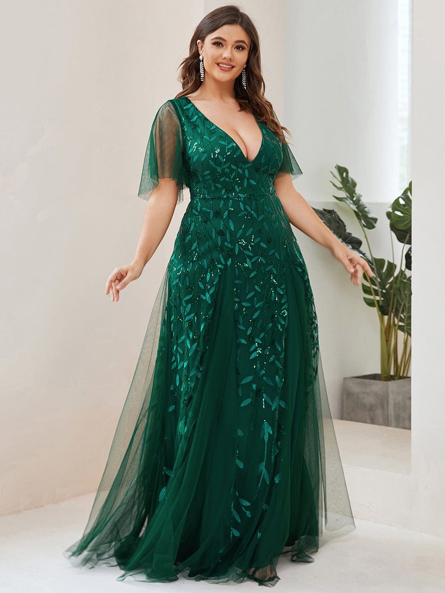 Cute Plus Size Short Sleeve Sequin Evening Dress