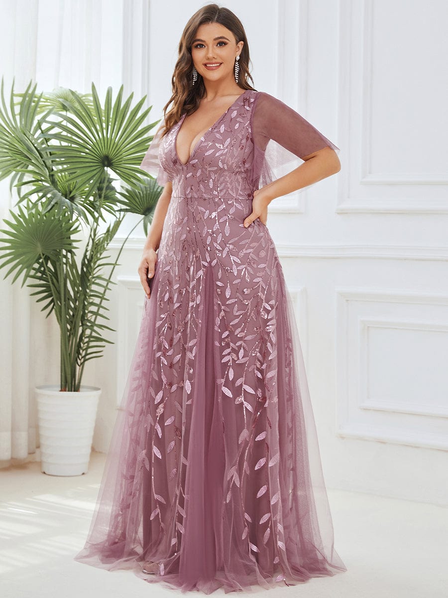 Cute Plus Size Short Sleeve Sequin Evening Dress