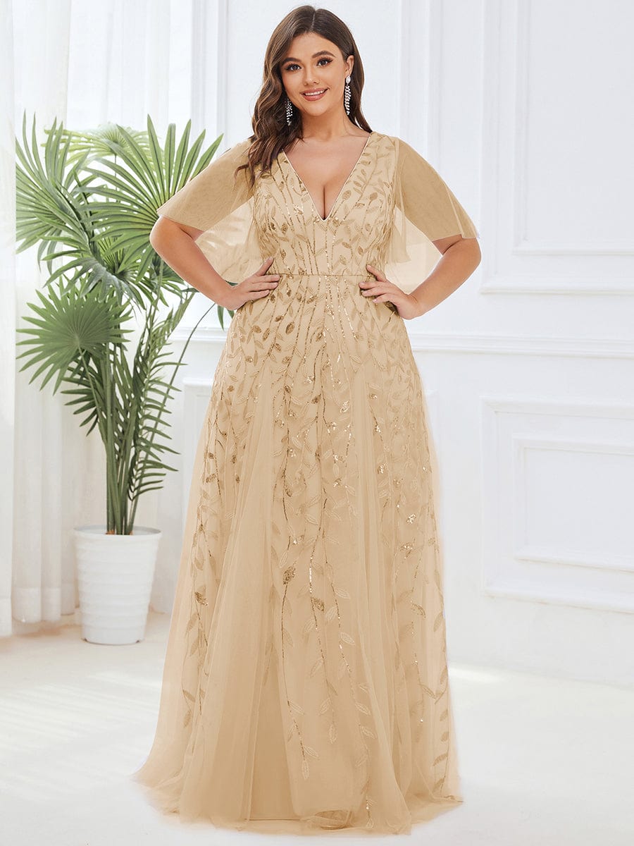 Cute Plus Size Short Sleeve Sequin Evening Dress