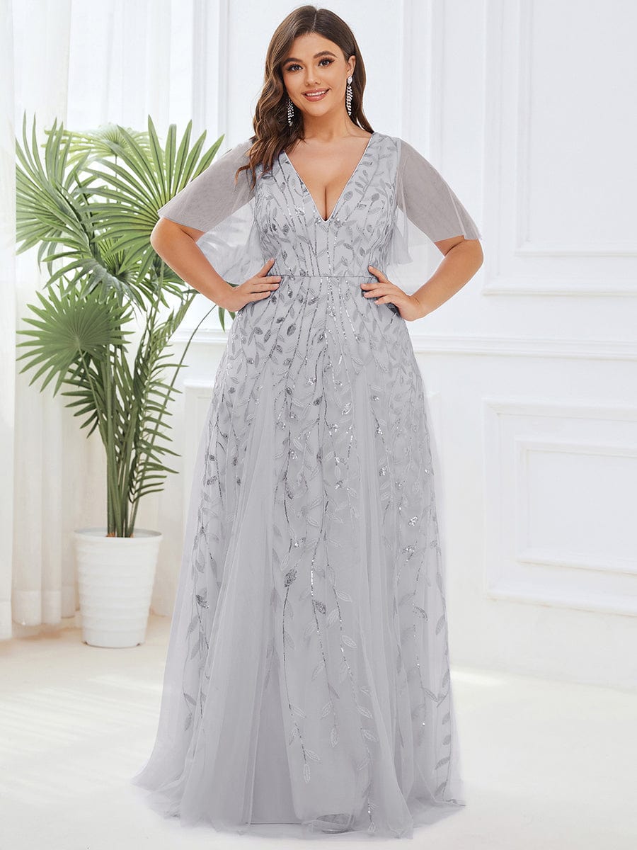 Cute Plus Size Short Sleeve Sequin Evening Dress