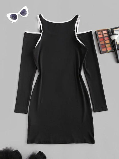 Cutout Binding Cold Shoulder Long Sleeve Dress - LuckyFash™