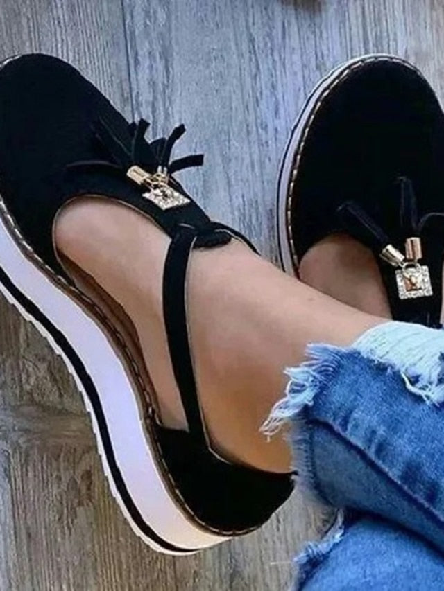 Women's Sandals Platform Sandals Plus Size Outdoor Daily Walking Summer Tassel Platform Flat Heel Round Toe Closed Toe Vintage Casual Faux Leather Synthetics Buckle Solid Color Solid Colored Black - LuckyFash™