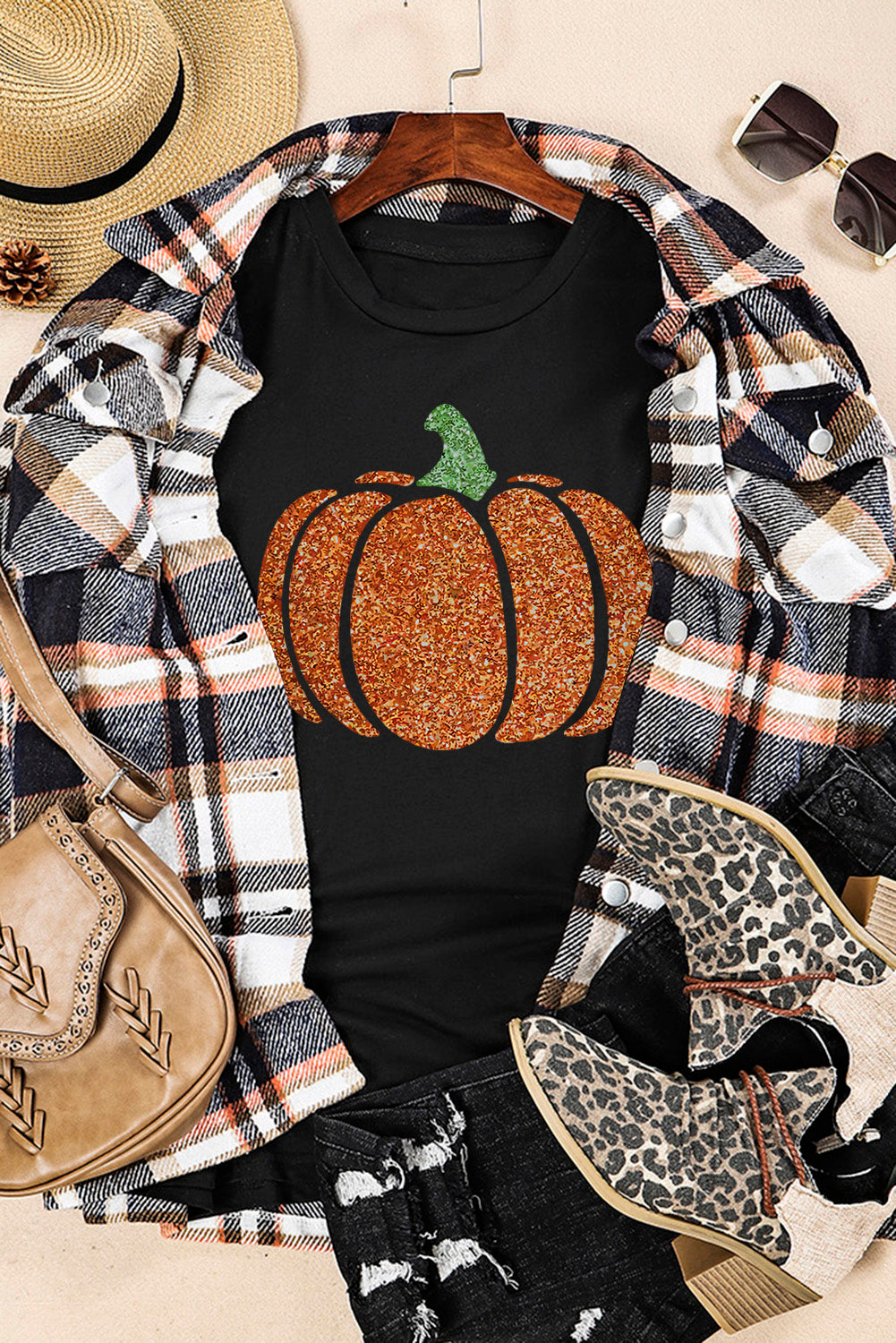 Black Glittering Pumpkin Graphic Halloween T Shirt