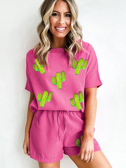 Rose Red Cactus Patched Cozy Two-Piece Lounge Set