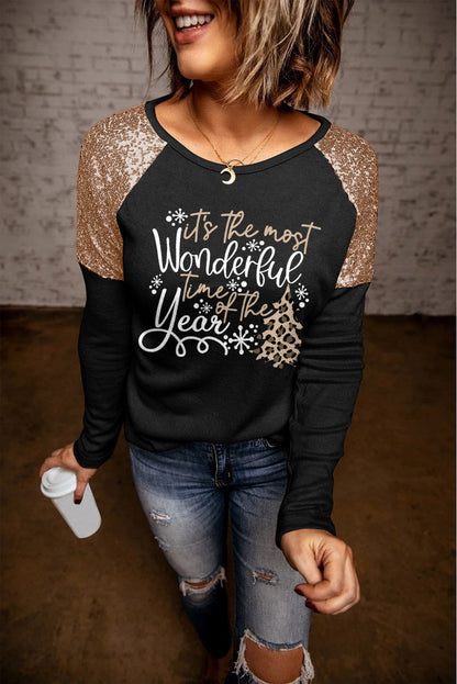 Black Wonderful Christmas Season Graphic Sequin Shoulder Top