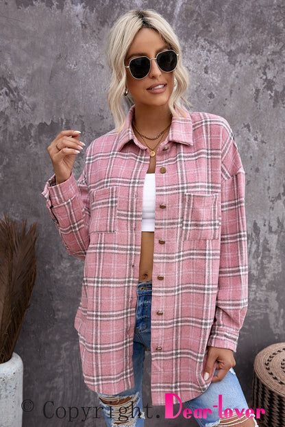 Pink Plaid Pattern Buttoned Shirt Coat with Slits