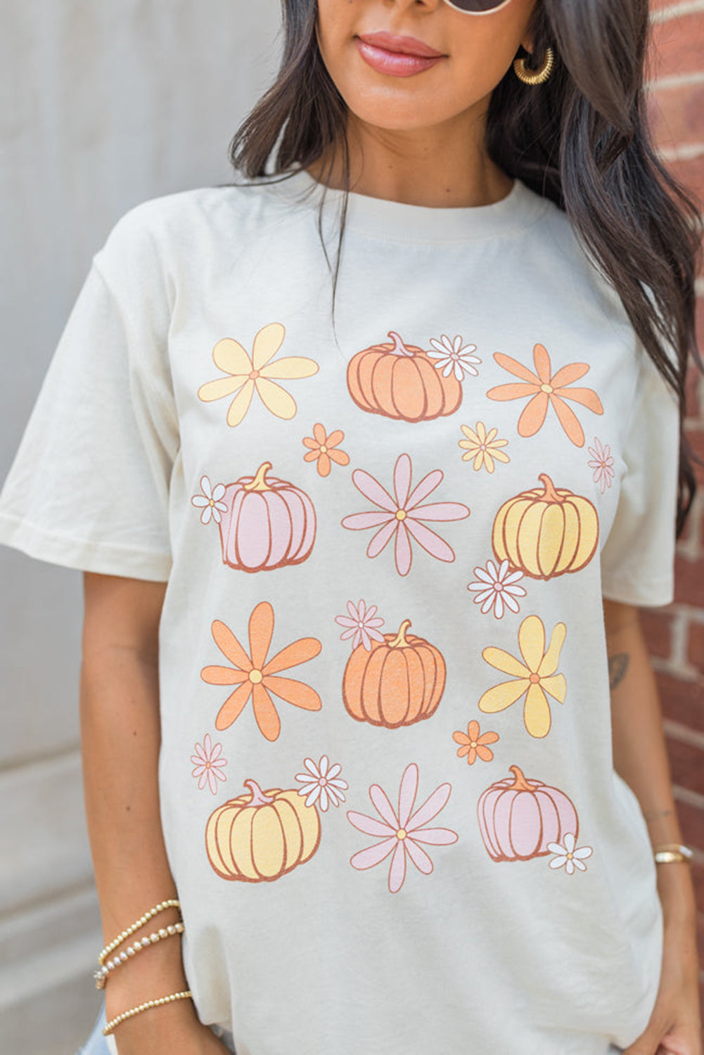 White Floral Pumpkin Graphic Crewneck Halloween T Shirt