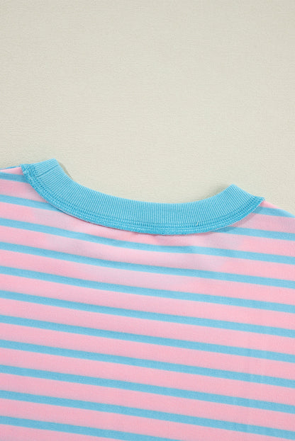 Pink Stripe Contrast Trim High Low Pullover Tunic Sweatshirt