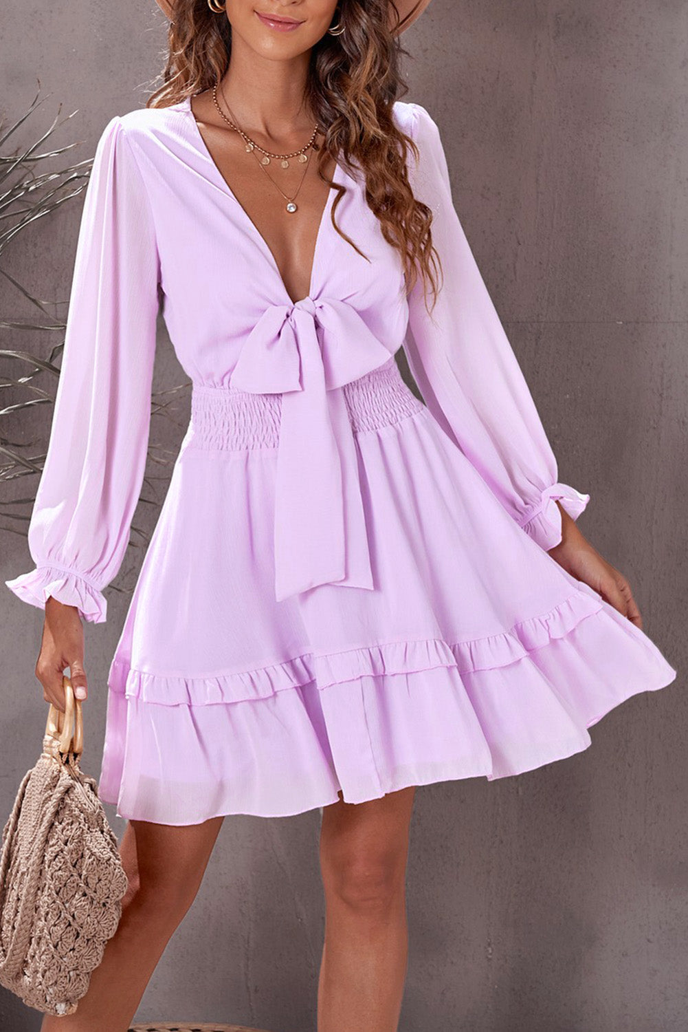 Printed Waist Strap V Neck Long Sleeved Mini Dress