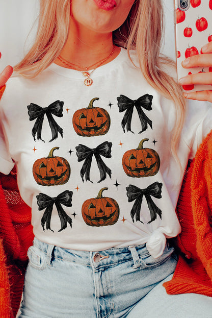 White Halloween Pumpkin Face Bowknot Graphic T Shirt