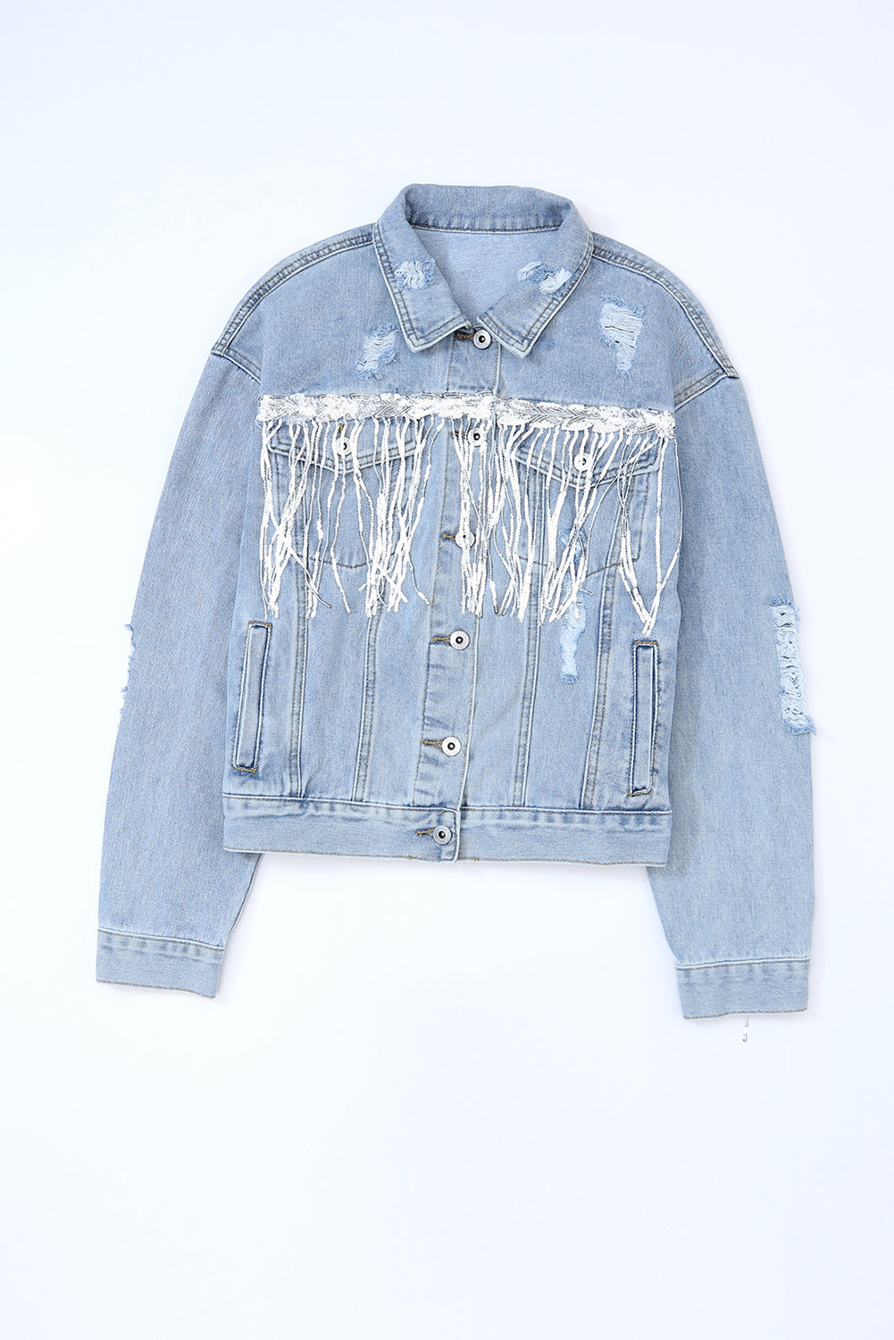 Sky Blue Sequin Embellished Fringe Distressed Denim Jacket