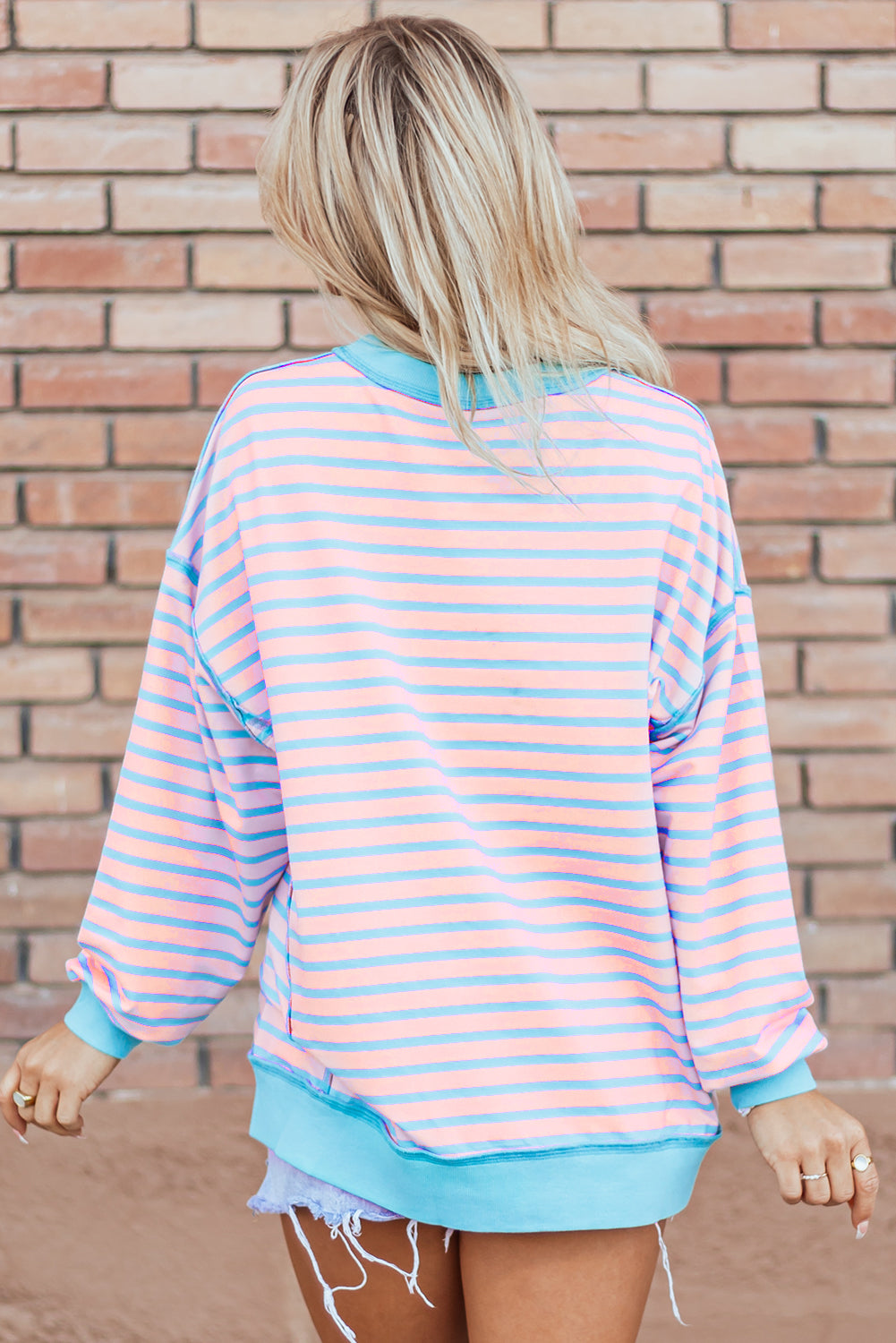 Pink Stripe Contrast Trim High Low Pullover Tunic Sweatshirt