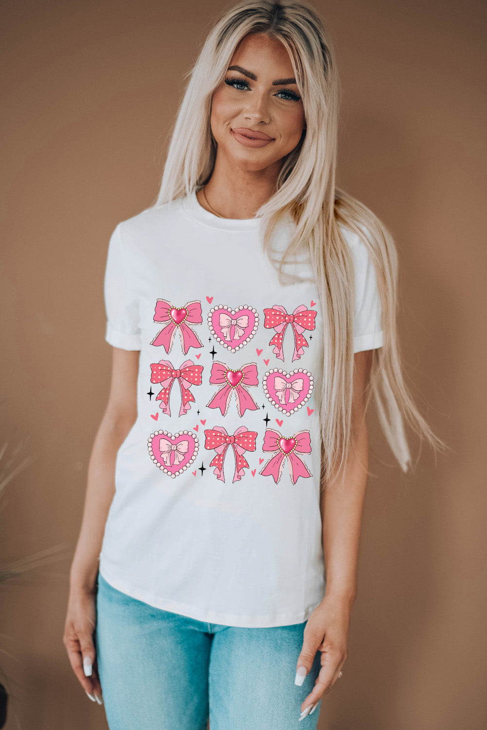 White Sweet Bow Heart Shaped Print Crew Neck Casual Tee