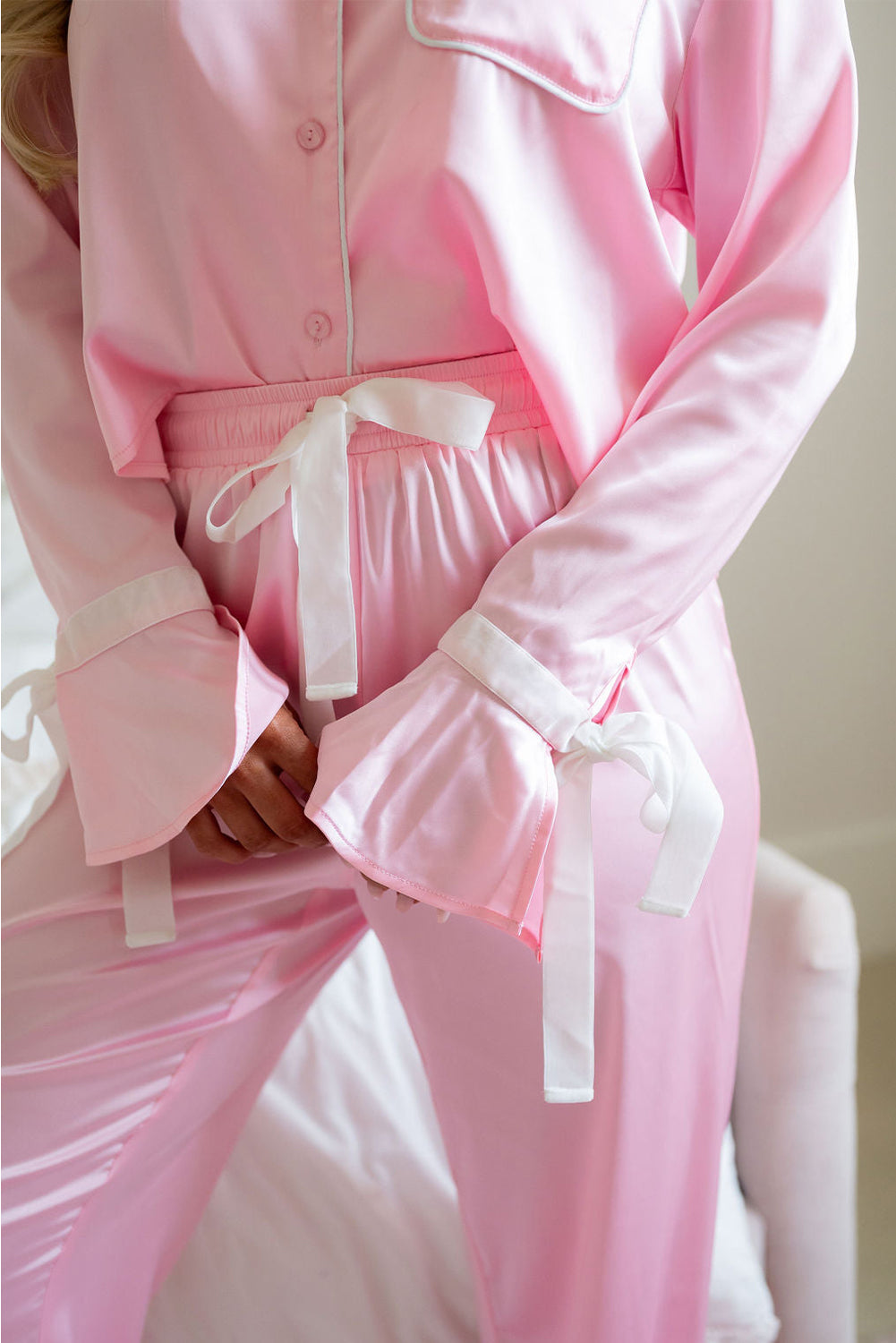 Light Pink Satin Knot Accent Shirt and Ruffled Pants Lounge Set