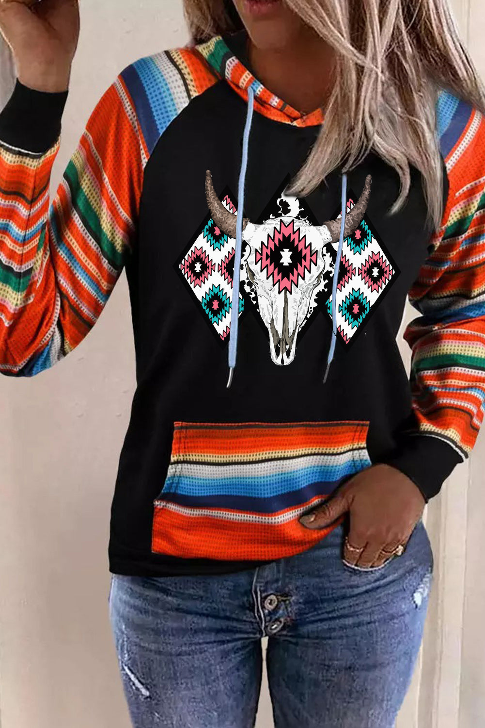 Multicolor Western Steer Head Aztec Serape Patchwork Pocketed Hoodie