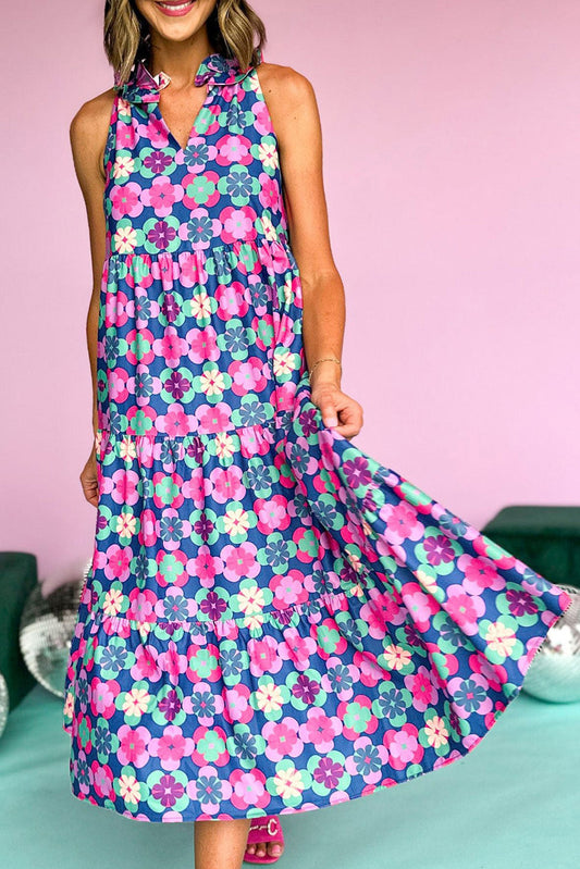 Blue Floral Print Frilly Neck Sleeveless Tiered Maxi Dress