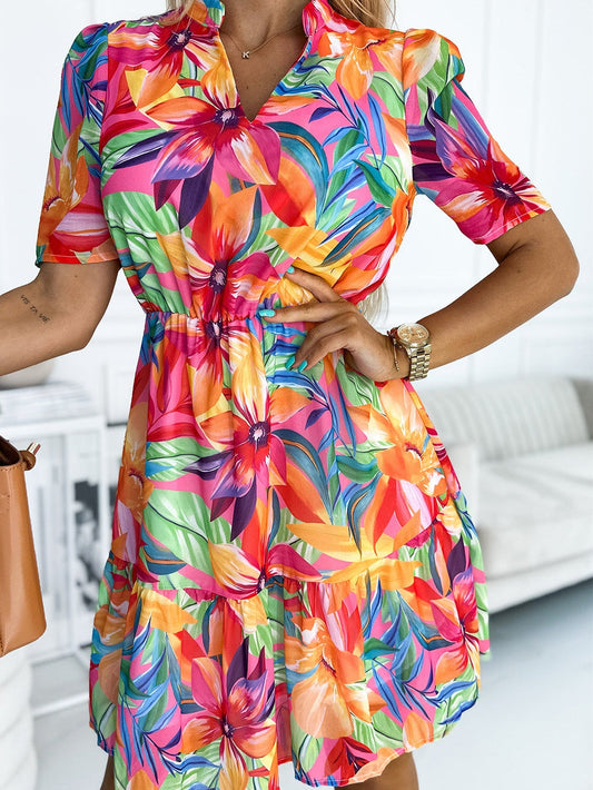 Tropical Print Half Sleeve Casual Dress