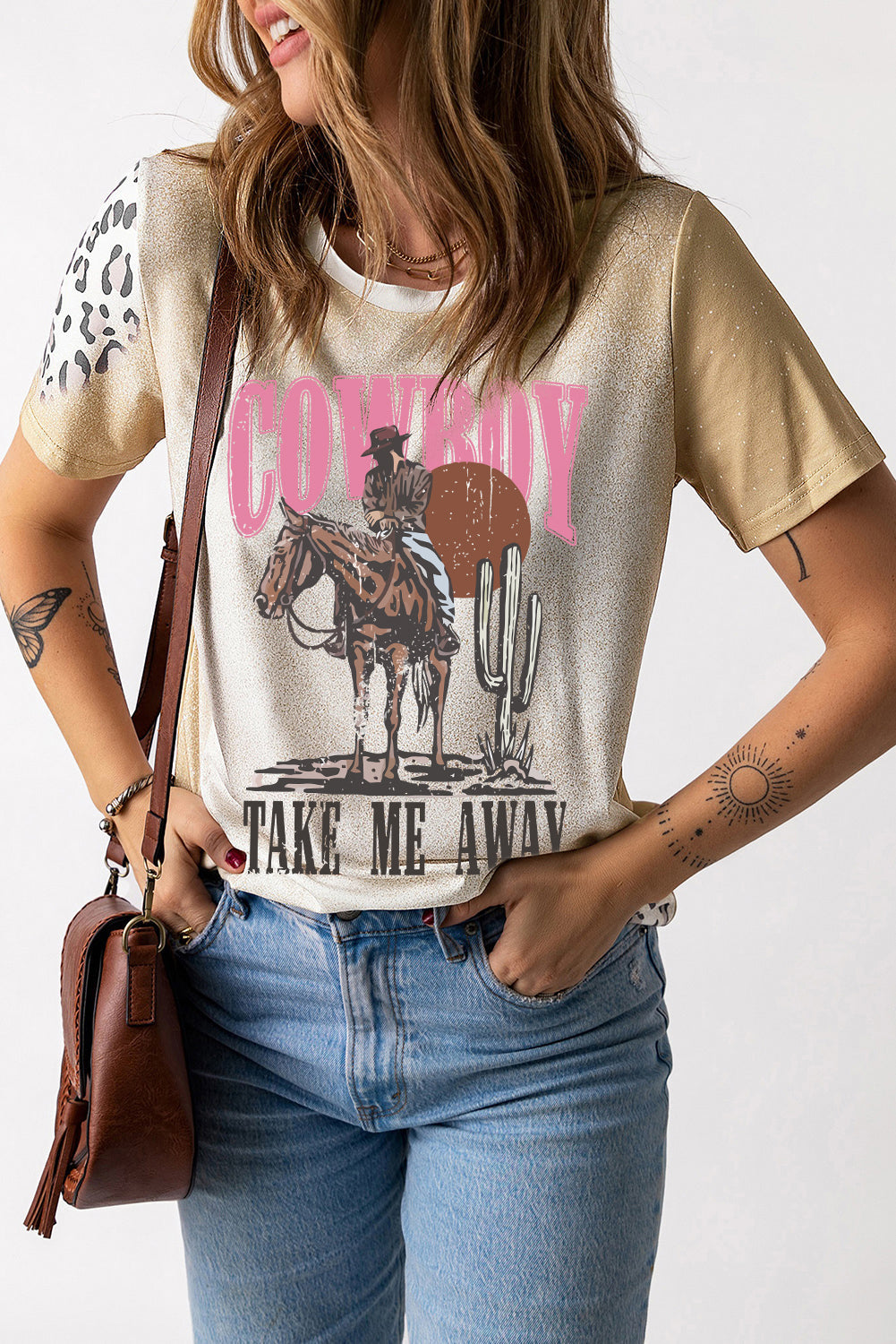 Khaki Western Cowboy TAKE ME AWYA Bleached Graphic T Shirt