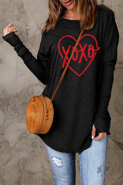 Black XOXO Heart Shaped Print Long Sleeve Top