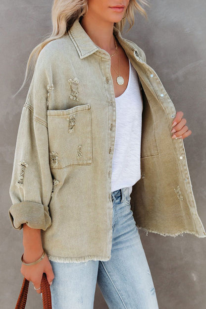 Green Distressed Fringe Trim Denim Jacket