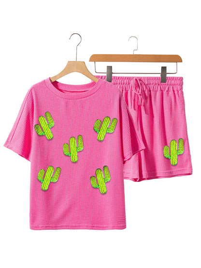 Rose Red Cactus Patched Cozy Two-Piece Lounge Set