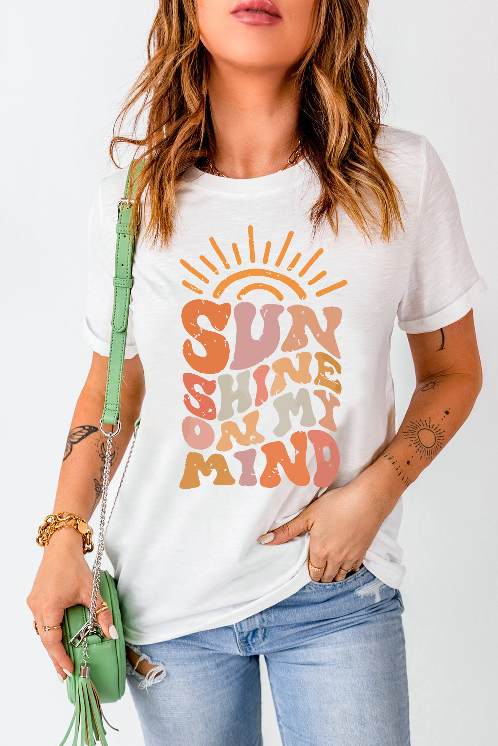 White Sun Shine On My Mind Crew Neck T-Shirts