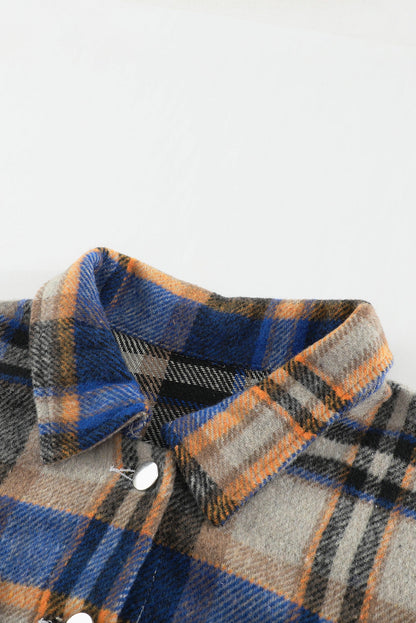 Blue Geometric Plaid Print Pocketed Shacket