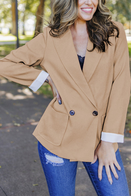 Apricot Buttoned Lapel Collar Blazer with Pocket