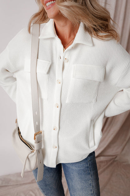 White Solid Color Corduroy Buttoned Long Sleeve Jacket