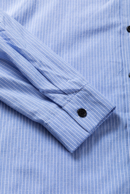 Sky Blue Stripe Roll-tab Sleeve Pocketed Long Shirt